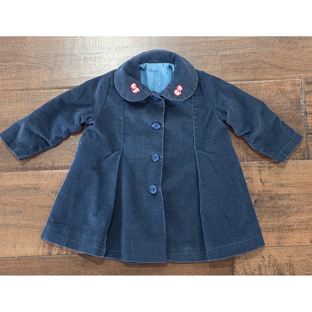 VTG Princess Swing Navy Corduroy Pleated Coat Embroidere Kitten Peter Pan Collar
